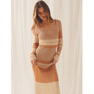Peppermayo Scoop Neck Long  Sleeve Crochet Maxi Dress Striped Neutral Size M/L